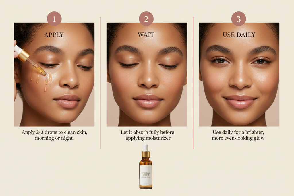 How to use Aurelle Vitamin C Serum: apply, wait, use daily