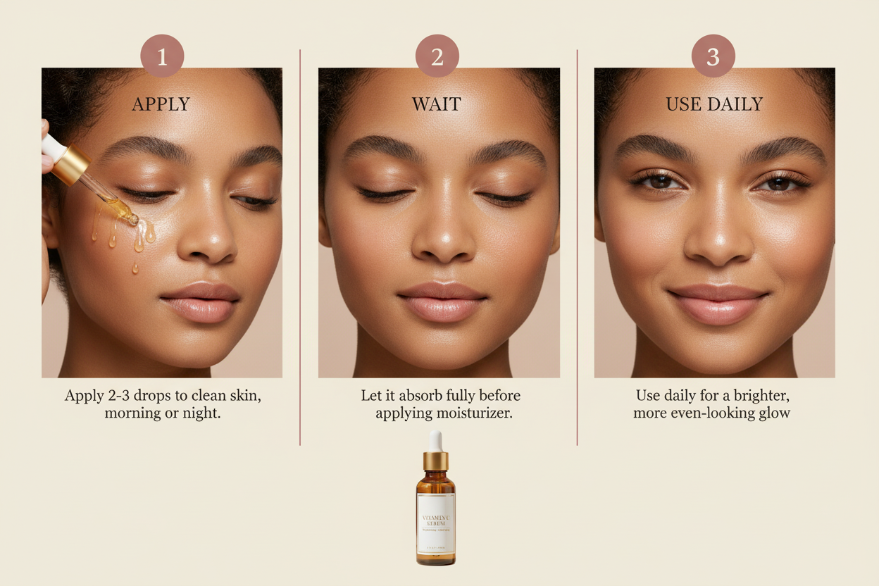 How to use Aurelle Vitamin C Serum: apply, wait, use daily