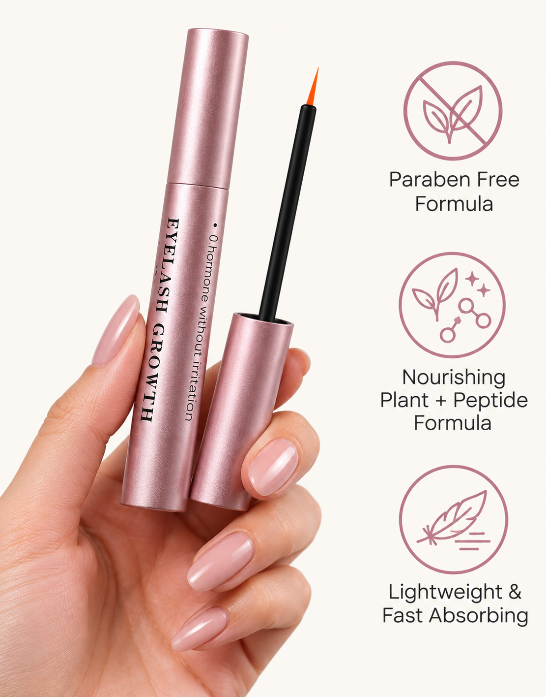 Aurelle Lash Growth Serum key benefits: paraben free, nourishing plant and peptide formula, lightweight and fast absorbing