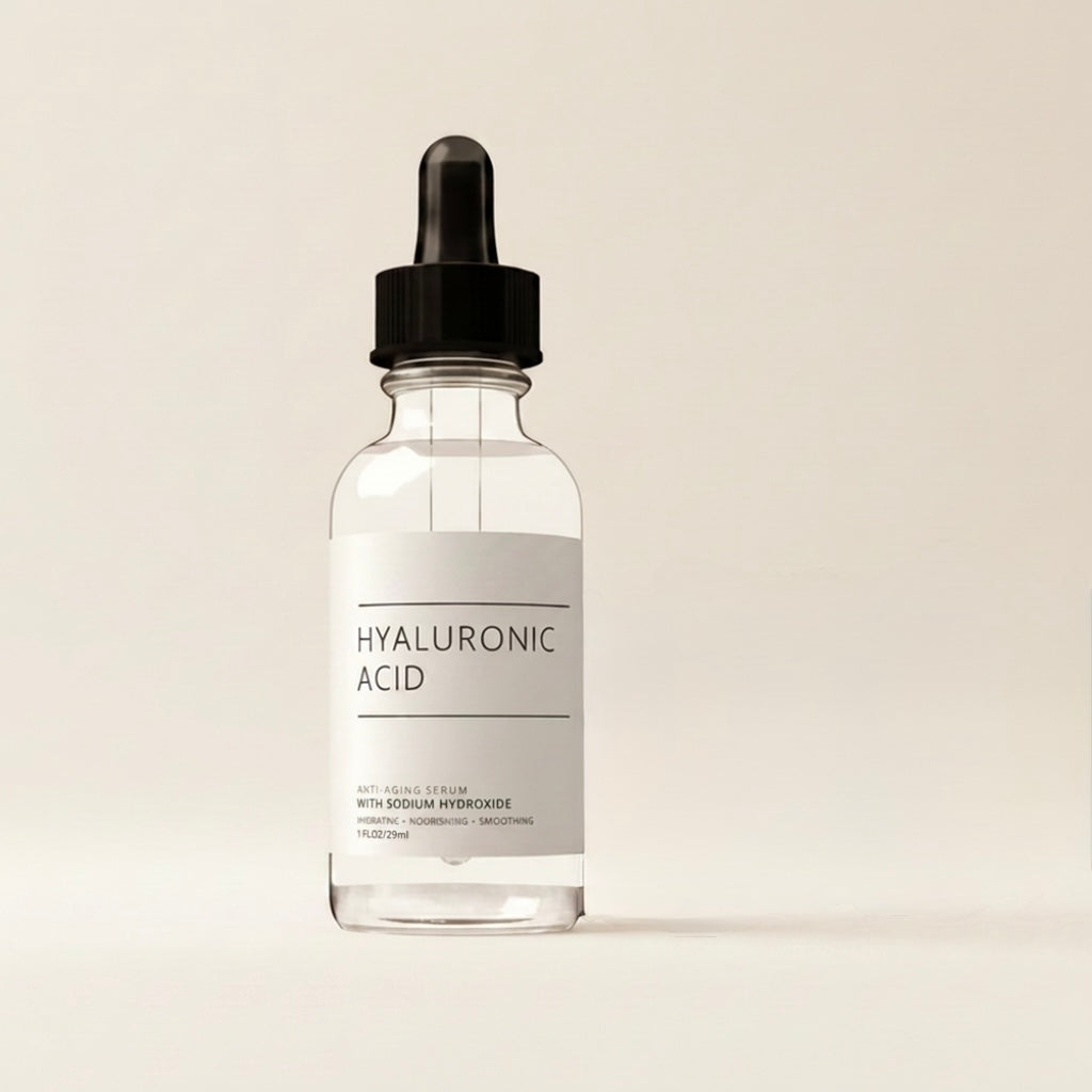 Aurelle Hydrating Hyaluronic Acid Serum bottle on ivory background