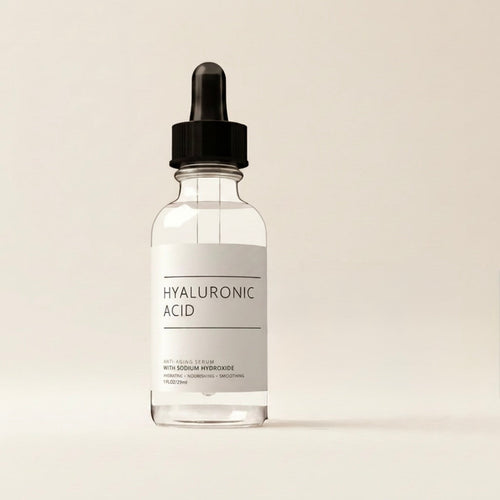 Aurelle Hydrating Hyaluronic Acid Serum bottle on ivory background