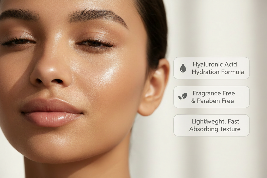 Aurelle Hydrating Serum key benefits: hyaluronic acid hydration formula, fragrance free and paraben free, lightweight fast absorbing texture