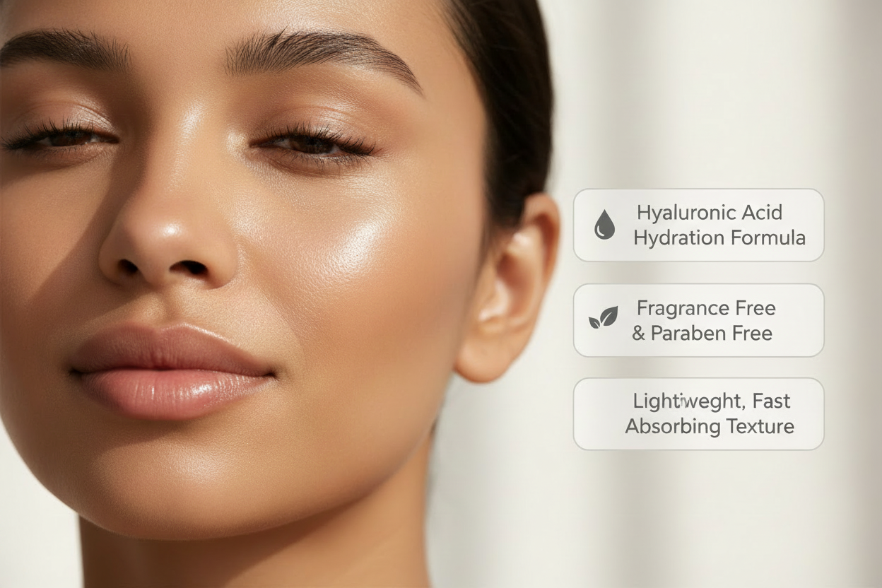 Aurelle Hydrating Serum key benefits: hyaluronic acid hydration formula, fragrance free and paraben free, lightweight fast absorbing texture