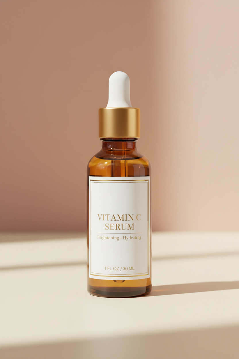 Aurelle Vitamin C Serum bottle on ivory background