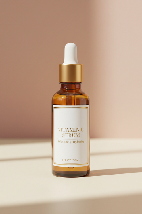 Aurelle Vitamin C Serum bottle on ivory background