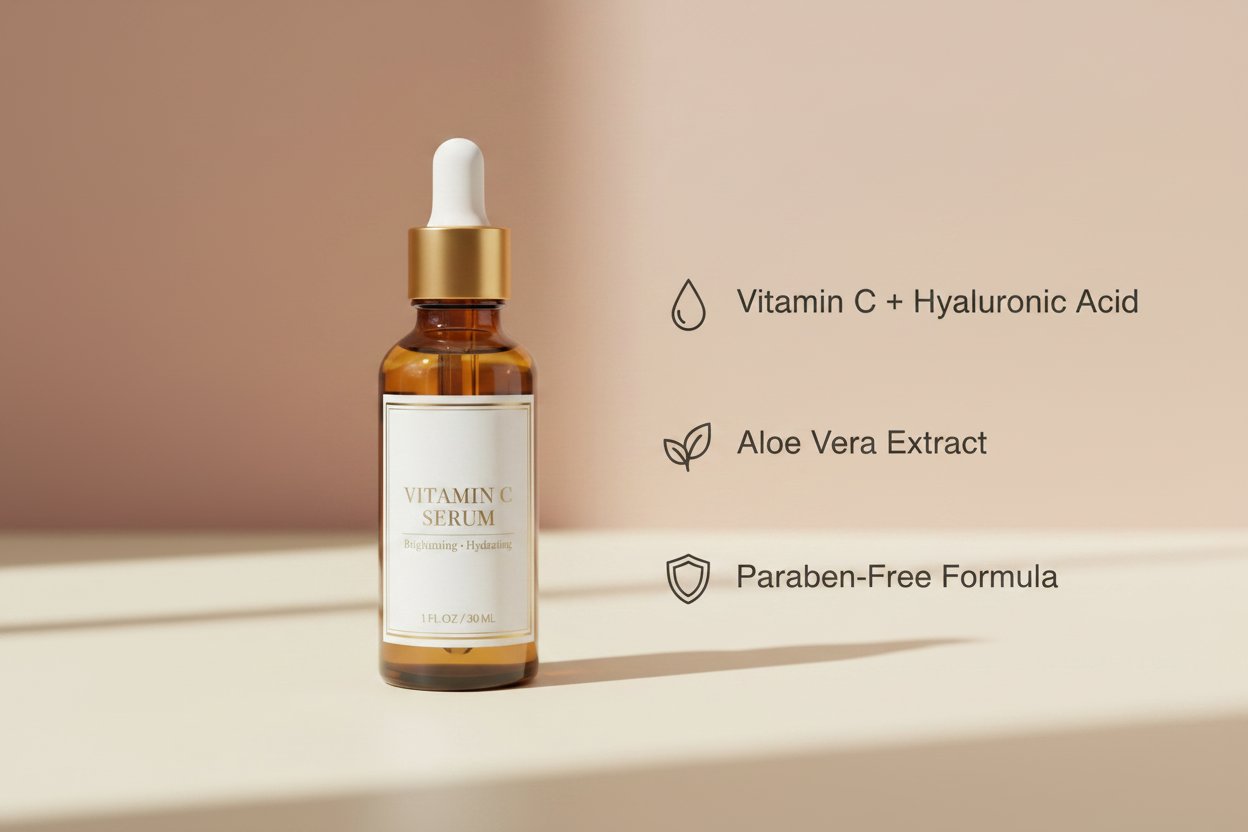 Aurelle Vitamin C Serum key benefits: Vitamin C plus hyaluronic acid, aloe vera extract, paraben-free formula